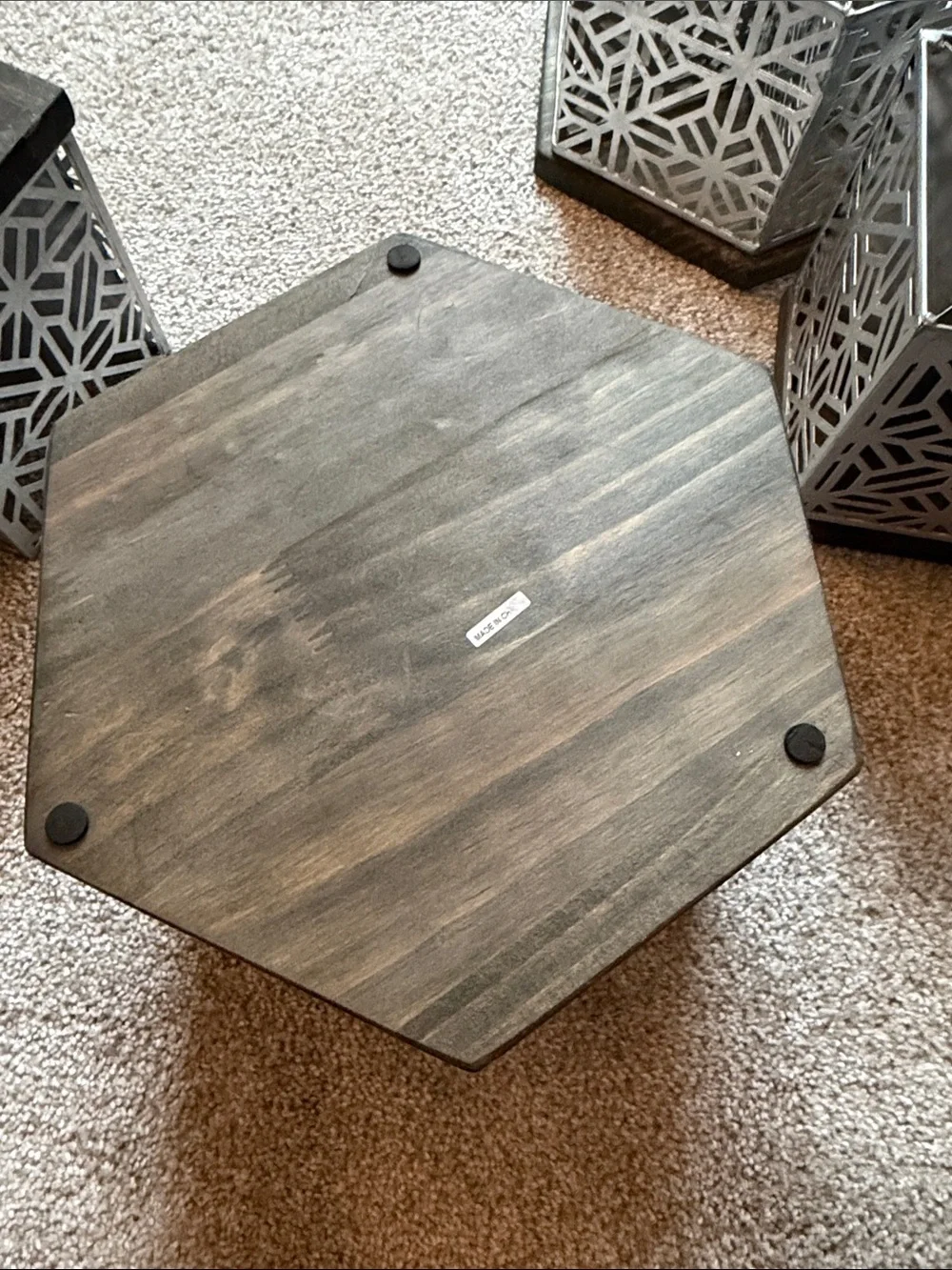 Decorative Hexagonal Metal Organizer Set in Silver. Set of 4. Wood bottoms.